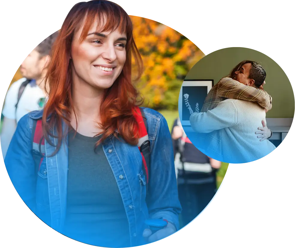 Smiling young woman with backpack outdoors; inset shows two people embracing